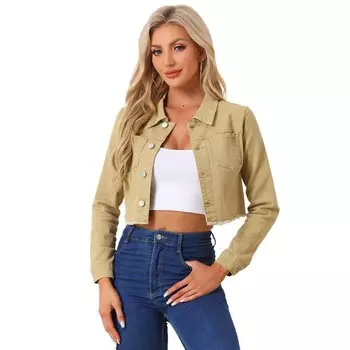 Женская укороченная джинсовая куртка с длинными рукавами и пуговицами с потертым краем ALLEGRA K, цвет Khaki