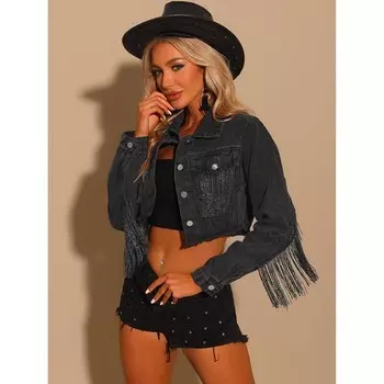 Женская укороченная джинсовая куртка с кисточками, повседневное джинсовое пальто на пуговицах с длинными рукавами ALLEGRA K, черный