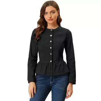 Женская укороченная джинсовая куртка с круглым вырезом на пуговицах и оборками по краю ALLEGRA K, черный