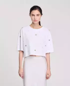 Женская укороченная футболка с бисером Sandro, белый