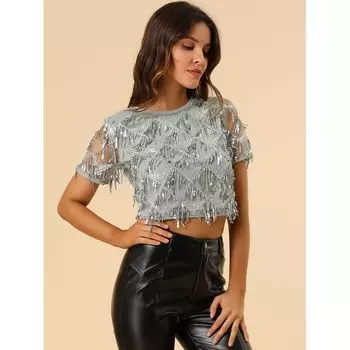 Женская укороченная футболка с короткими рукавами и металлическим узором для вечеринок ALLEGRA K, зеленый