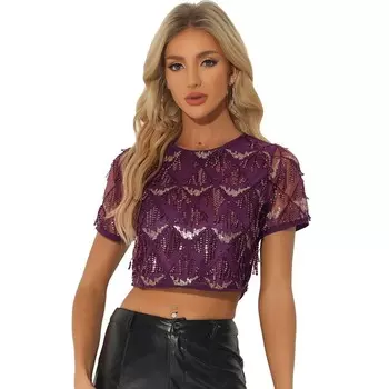 Женская укороченная футболка с короткими рукавами и металлическим узором для вечеринок ALLEGRA K, цвет Deep Purple