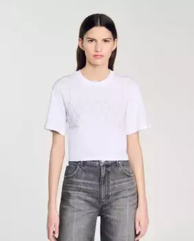 Женская укороченная футболка со стразами Sandro, белый