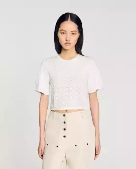 Женская укороченная футболка со стразами Sandro, белый