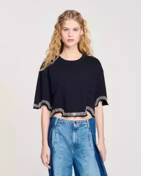 Женская укороченная футболка со стразами Sandro, черный