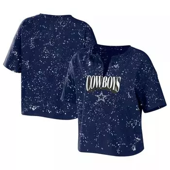 Женская укороченная футболка темно-синего цвета с надписью Erin Andrews Dallas Cowboys Bleach Wash Splatter Notch Neck