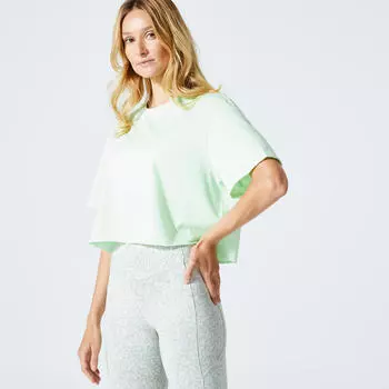 Женская укороченная хлопковая футболка с круглым вырезом - 520 пастельно-зеленый DOMYOS, зеленый щербет