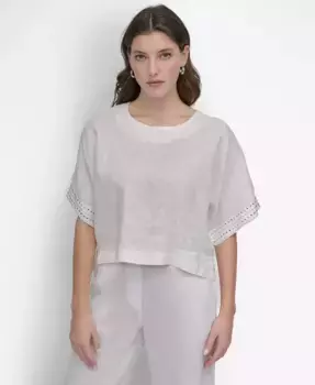 Женская укороченная короткорукавная льняная блуза с шипами DKNY, белый