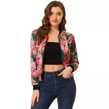 Женская укороченная куртка-бомбер на молнии с цветочным принтом и воротником-стойкой ALLEGRA K, цвет Green Pink