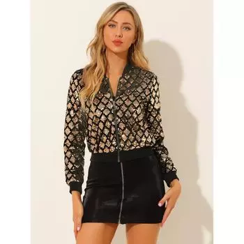 Женская укороченная куртка-бомбер с воротником-стойкой и пайетками на молнии с длинными рукавами ALLEGRA K, красный