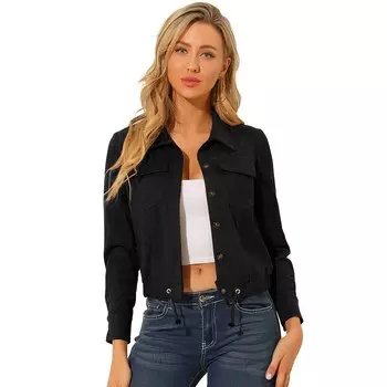 Женская укороченная мотоциклетная куртка из искусственной замши с острым воротником на пуговицах ALLEGRA K, черный