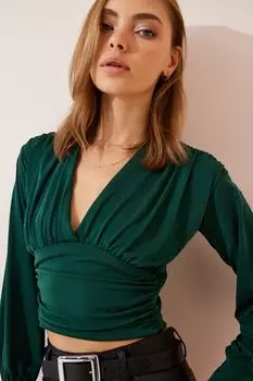 Женская укороченная рубашка изумрудно-зеленого цвета с глубоким v-образным вырезом песочного цвета Happiness stanbul, зеленый