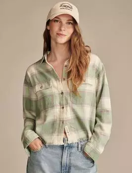 Женская укороченная рубашка Lucky Brand с необработанным краем в клетку на пуговицах, светло-зеленый