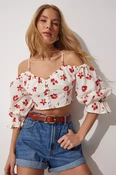 Женская укороченная тканая блузка цвета экрю с цветочным принтом и вырезом сердца Happiness stanbul