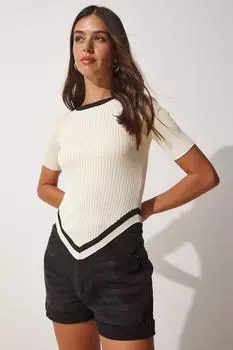 Женская укороченная трикотажная блузка асимметричного кроя с косточками Happiness stanbul, экрю