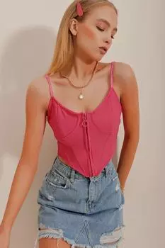Женская укороченная трикотажная блузка фуксии с регулируемым ремешком на молнии спереди и корсетом Trend Alaat Stili, розовый