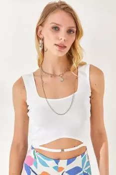 Женская укороченная трикотажная блузка с белым воротником и детализированной талией Olalook, белый