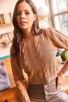 Женская укороченная трикотажная блузка с бисквитным плетением Olalook, бежевый