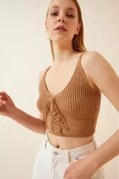 Женская укороченная трикотажная блузка с бисквитным зигзагообразным узором Happiness stanbul, экрю