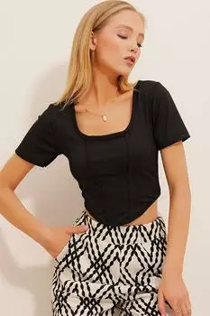 Женская укороченная трикотажная блузка с черным квадратным воротником и прошитым спереди Trend Alaat Stili, черный