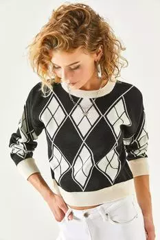 Женская укороченная трикотажная блузка с черным ромбовидным узором Olalook, черный
