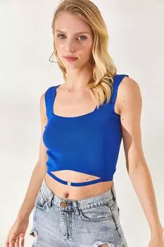 Женская укороченная трикотажная блузка Saks с синим воротником и детальной талией Olalook, темно-синий