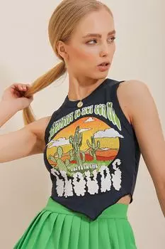 Женская укороченная трикотажная блузка темно-синего цвета с круглым вырезом и принтом Trend Alaat Stili, темно-синий