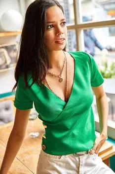 Женская укороченная трикотажная блузка травяного цвета с пуговицами, двубортная, Olalook, зеленый