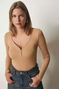 Женская укороченная трикотажная блузка в рубчик с воротником на пуговицах Happiness stanbul, бежевый