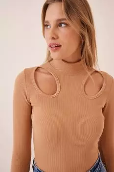 Женская укороченная трикотажная блузка в рубчик светло-коричневого цвета с вырезами Happiness stanbul, бежевый