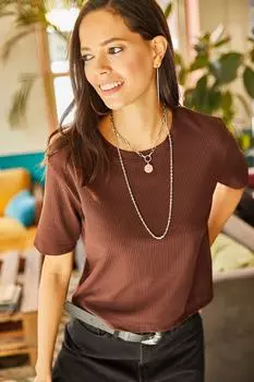 Женская укороченная трикотажная футболка горько-коричневого цвета на шнурке Olalook, коричневый