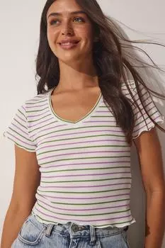 Женская укороченная трикотажная футболка зеленого цвета с v-образным вырезом в полоску Happiness stanbul, разноцветный