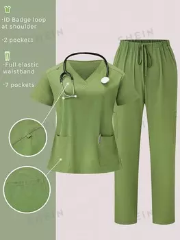 Женская униформа Task Fit, V-образный вырез, короткие рукава, карманы и широкие брюки Shein, зеленый