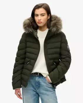 Женская утепленная куртка с капюшоном и отделкой из искусственного меха Fuji Superdry, темно-зеленый