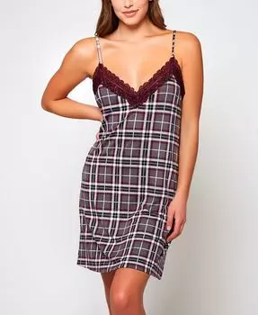 Женская уютная ночная рубашка в клетку из модала с элегантной кружевной отделкой, 1 шт. iCollection, мультиколор