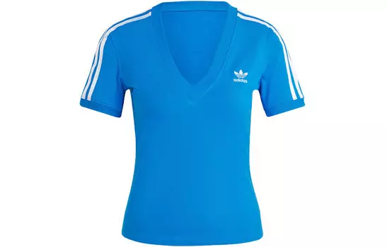 Женская узкая футболка с тремя полосками и V-образным вырезом, синяя Adidas Originals