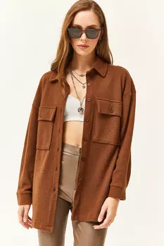Женская вафельная рубашка оверсайз с двумя карманами горько-коричневого цвета Olalook, коричневый