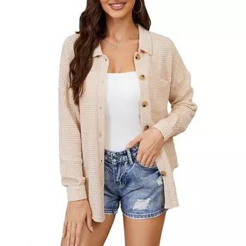 Женская вафельная трикотажная рубашка на пуговицах, блузка большого размера, куртка с длинными рукавами, топы с карманами для груди Kojooin, синий