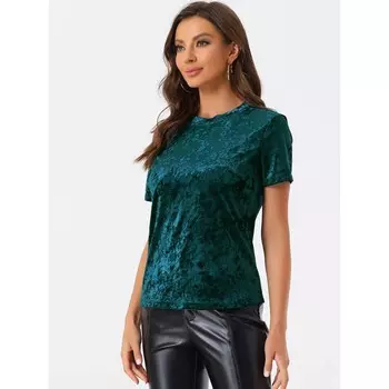 Женская вечерняя бархатная футболка с круглым вырезом и коротким рукавом, повседневная футболка ALLEGRA K, фиолетовый