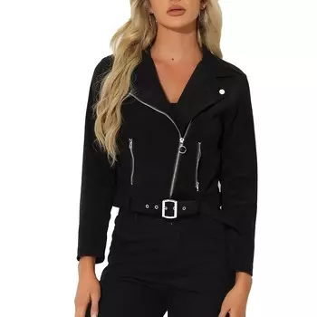 Женская вельветовая мотоциклетная куртка на молнии с зубчатыми лацканами ALLEGRA K, черный