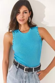 Женская вельветовая трикотажная блузка небесно-голубого цвета с камнями Olalook, синий