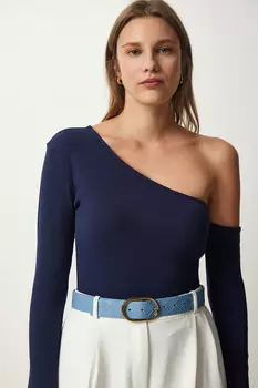 Женская вельветовая трикотажная блузка темно-синего цвета с открытыми плечами Happiness Istanbul, темно-синий