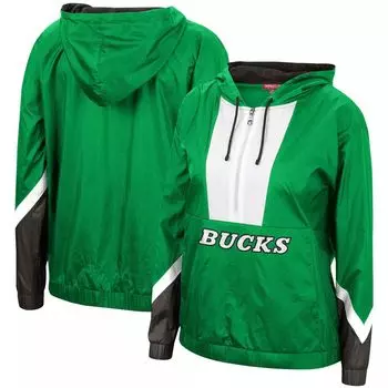 Женская ветровка с половиной молнии Mitchell & Ness Green Milwaukee Bucks 2.0 с капюшоном