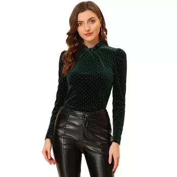 Женская винтажная бархатная блузка с металлическими блестящими точками и рюшами на шее и длинными рукавами ALLEGRA K, цвет Dark Green