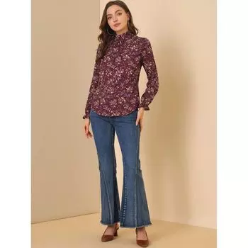 Женская винтажная блузка с длинными рукавами и воротником-стойкой в стиле бохо с цветочным принтом и рюшами ALLEGRA K, розовый