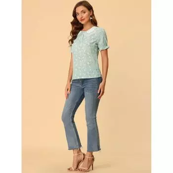 Женская винтажная блузка с короткими рукавами и цветочным принтом с оборками «Питер Пэн» ALLEGRA K, зеленый