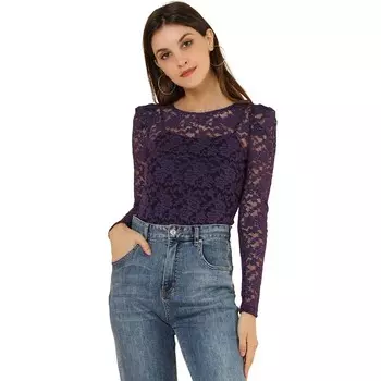 Женская винтажная полупрозрачная блузка с длинными рукавами и вышивкой, кружевной топ ALLEGRA K, фиолетовый
