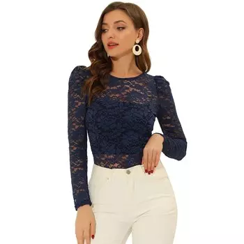 Женская винтажная полупрозрачная блузка с длинными рукавами и вышивкой, кружевной топ ALLEGRA K, цвет Dark Blue