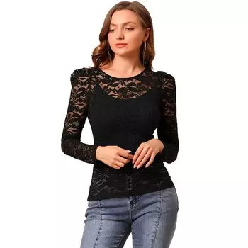 Женская винтажная полупрозрачная блузка с длинными рукавами и вышивкой, кружевной топ ALLEGRA K, черный