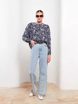 Женская вискозная блузка с круглым вырезом и длинным рукавом с рисунком LCWAIKIKI Classic, темно-синий с принтом